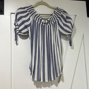 Off the shoulder white and blue striped flowy top